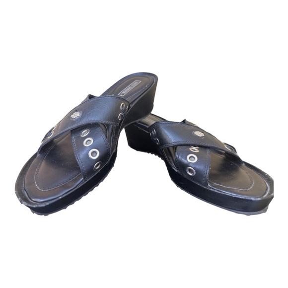 Harley Davidson Sandals Size 7 Black Strappy Wedge Heels Biker Goth Leather - Picture 1 of 12